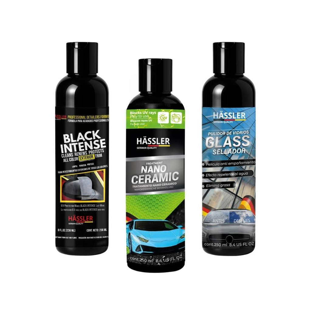 Kit Detailing Autos Hassler: Tecnología Alemana en Detallado Automotriz Profesional (x1 Restaurador Partes Negras, x1 Cera Repelente Agua, x1 Sellador Videos Repelente Agua)