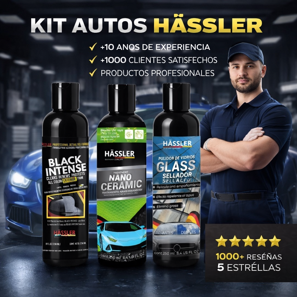 Kit Detailing Autos Hassler: Tecnología Alemana en Detallado Automotriz Profesional (x1 Restaurador Partes Negras, x1 Cera Repelente Agua, x1 Sellador Videos Repelente Agua)